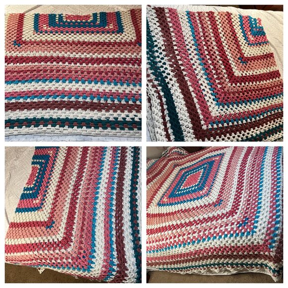 VTG Handmade Crochet Granny Square Afghan Blanket Pink Blue White Cozy Home - Picture 4 of 16